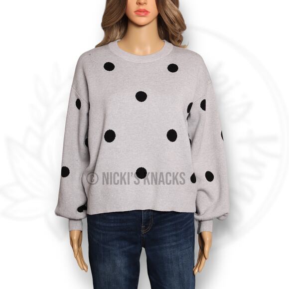 Premise Gray Black Polka Dot Puff Sleeve Stretch Knit Sweater Pullover Size XS - Picture 2 of 11